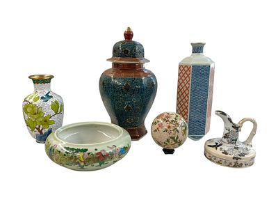 Asian Porcelain Vessels, Orb, and Cloisonne Vase. Group of six nice items:. 
~ 6" cloisonne 