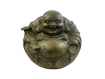 Antique Bronze Laughing Buddha, Signed. A round 5" figure holding symbolic items. There is a 