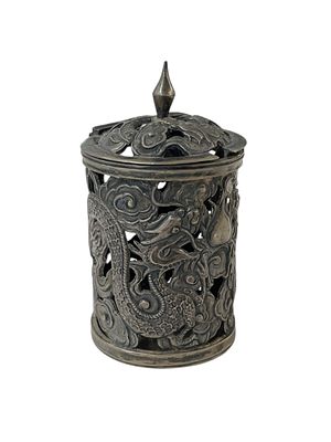 Antique KMS Chinese Export Silver Condiment Jar with Dragon Motif. From silversmith Kwong Man 