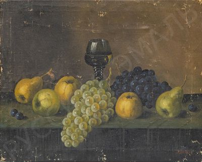 Неизвестный художник (подпись "T. Ruegeger). Натюрморт с черным виноградом. ХХ век. Холст 