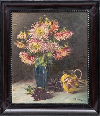 Х. Крум (H. Krum). Натюрморт с георгинами. Первая половина XX века. Холст, картон, масло. 