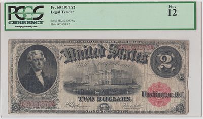 "2 доллара". США. 1917 год. Серия : D28020379A 
Сертификат подлинности - слаб PCGS (12). № 80443652