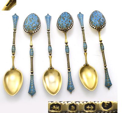 Набор из шести ложек с эмалью. Серебро 925 пробы. Эмаль. 1876 год. Англия. город Бирмингем. 