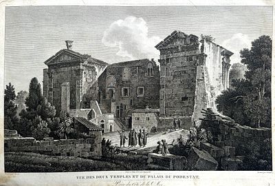Оригинальная медная гравюра &laquo;Vue des deux temples et du palais du Podestat, prise du c&ocirc;t&eacute; de la 