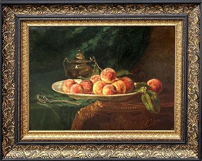 Dubois J.
"Натюрморт с персиками"
. холст, масло 
Европа, 1917 г. 
47,5х66,5 

