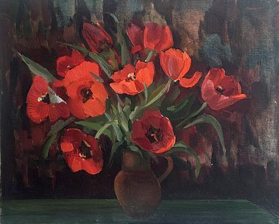 Блуднов Павел Борисович (1945–2012)
&laquo;Красные цветы&raquo;. Размер 61 &times; 72 см 
1984 г. 
В правом 