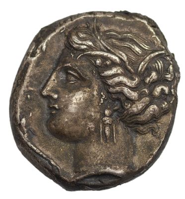 Тетрадрахма. Сицилия (Карфаген). Тетрадрахма 321-305 гг. до н.э. Л.ст.: голова Танит влево. 