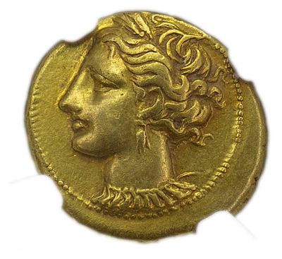 Статер. Карфаген. Статер 320-270 гг. до н.э. Л.ст.: голова Танит влево. Об.ст.: лошадь вправо. 