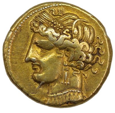 1 1/2 статера. Карфаген. 1 1/2 статера.264-241 гг. до н.э. Л.ст.: голова Танит влево. Об.ст.: 