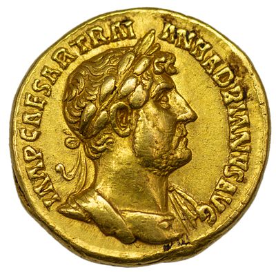 Ауреус. Римская империя. Адриан (117-138 гг.). Ауреус. Л.ст.: портрет с лавровым венком, в 