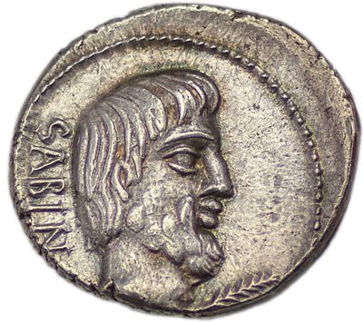 Денарий. Римская республика, Титурий Сабин. Денарий 89 г. до н.э. На оборотной стороне изображен 