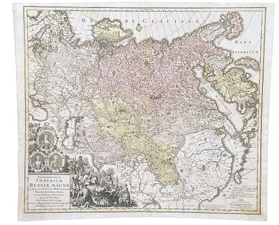 Карта Российской империи. Маттеус Зойтер. Аугсбург, 1739 г. 51х62 см.
Гравюра на меди с ручной