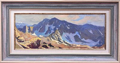 Дмитрий Гусев. Сибирские горы. 2021 год. Холст, масло. Размер 20х50 см. 
Оформлена в раму. 