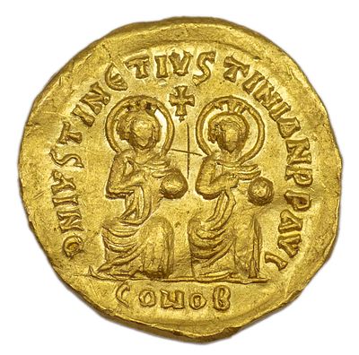 Солид. Византийская империя. Юстин I и Юстиниан I, совместное правление 527 г. Солид. Золото. 