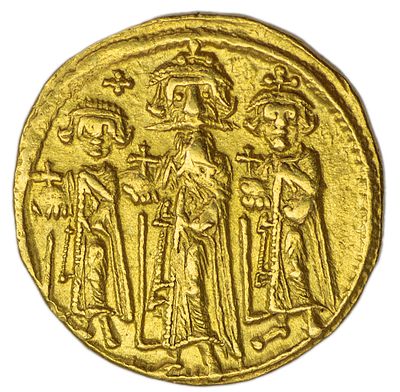 Солид. Византийская империя. Ираклий I (610-641 гг). Солид. Л.ст.: император Ираклий с сыновьями 