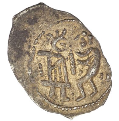 Денга. Великий Новгород. Денга (1420-1478 гг.). Об.ст.: двоеточия между буквами. Серебро. Вес 0 
