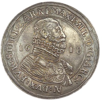 Талер. Австрия. Эрцгерцог Максимилиан. Талер 1618 г. Тироль. Серебро. Вес 28,67 г. Сохранность – 