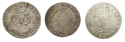 Подборка из трех монет: 1) Пруссия. 6 грошей 1679 г. Серебро. Сохранность – VF; 2) Шведская 