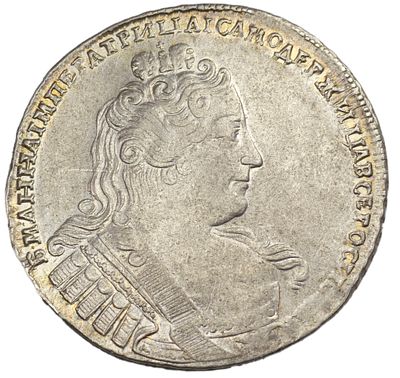 Рубль 1733 г. Гурт – узор. Серебро. Вес 25,37 г. Сохранность – about UNC, штемпельный блеск. 