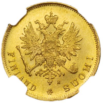 10 марок. Россия для Финляндии. 10 марок 1881 г. Золото. Сохранность – MS 63. Биткин №228 