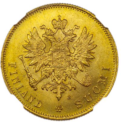 10 марок. Россия для Финляндии. 10 марок 1882 г. Золото. Сохранность – MS 65. Биткин №229 