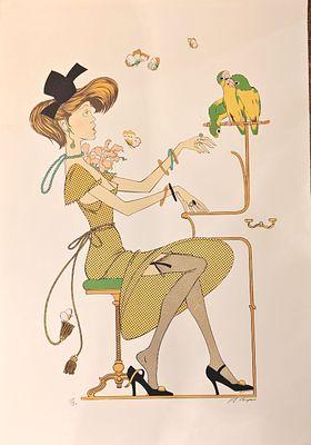 С попугаями". Бумага, литография. Филипп Анри Нойер (1917-1985). "С попугаями". Бумага 