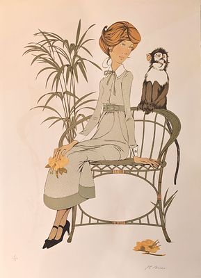 "С обезьянкой". Бумага, литография. Филипп Анри Нойер (1917-1985). "С обезьянкой". Бумага 
