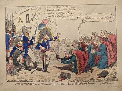 Английская сатирическая гравюра 1807 г. Цинкография . Вход войск Наполеона Бонапарта в Польшу. 