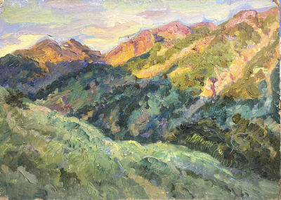 Крышин Виктор Павлович (1936–2022). - Горы. . 2004, Картон, масло. 48&times;74 
На обороте: Крышин 
