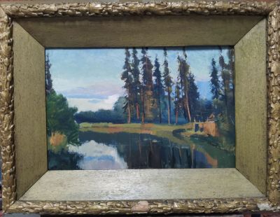 Неизвестный художник - Пейзаж с соснами и рекой. Картон, масло, 37х54.5. Середина 20 века. В старой 