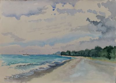 Штейман Алексей Георгиевич (1924–1988) - Корабль в бухте. 1970-е годы. Бумага, акварель. 28.5х39 
