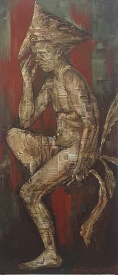 Виктория Борисовна Танельвиц - "Человек-невидимка. Симулякр". Холст, коллаж, масло 150х60 (род. 30 