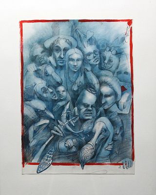 Юлия Макарова -Томина - Сборище. Из серии "Алиса в стране чудкс". Бумага/гуаш, 38х28, Художник — 