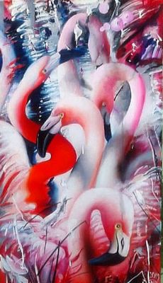 Ольга Гречина - Фламинго. Картон, масло, 110x60, 2019, художник-живописец и график. Родилась 4 