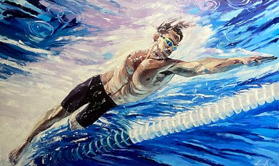 Аделина Хаджи- Саввопуло - Пловец. Холст/масло, 150х90, 2022 г. Подпись в правом нижнем углу. 