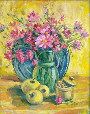 Милена Волобуева. Натюрморт с космеей и яблоками. . Холст на картоне, масло. Багет. 60х40 см. 