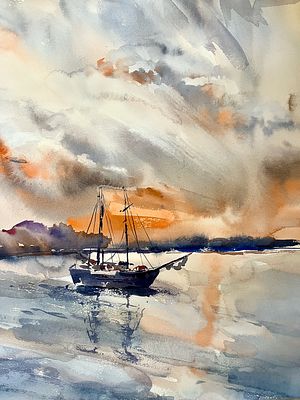 Елена Гордиевская. Закат. . Бумага, акварель. 40х30 см. Паспарту, багет. 2024 г. 
Елена 