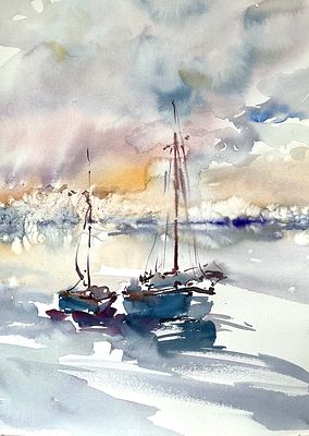 Елена Гордиевская. Утро на воде. . Бумага, акварель. 45х35 см. Паспарту, багет. 2024 г. 
Елена 