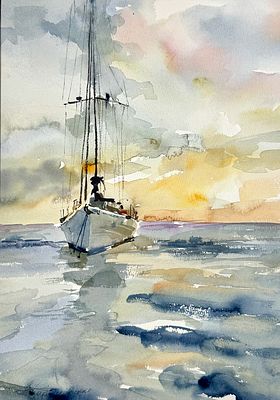 Елена Гордиевская. Дыхание утра. . Бумага, акварель. 40х30 см. Паспарту, багет. 2024 г. 
Елена 