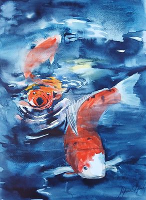 Лариса Дутова. Карпы кои. Акварель, бумага. 40х30 см. Оформлена в паспарту. 2025г. 
Лариса 