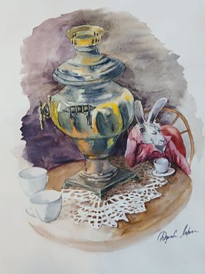 Лариса Дутова. После чаепития. . Акварель, бумага. 40х30 см. Оформлена в паспарту. 2024г. 