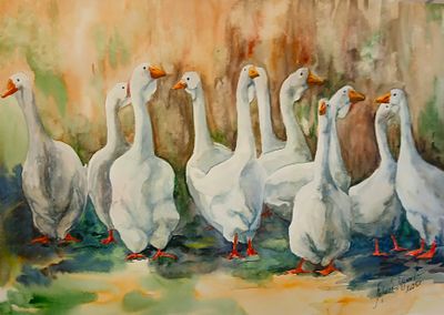 Лариса Дутова. Общее собрание. Гуси. . Акварель, бумага. 30х40 см. 2025 г. 
Лариса Дутова. Г. 