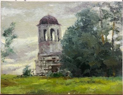 Гаврилов Александр - Каргополь. Ошевенский монастырь. Колокольня. Доска, масло, 23х30 Александр 