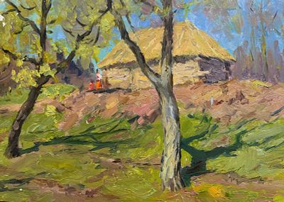 Н/х - Деревенский пейзаж. Доска, масло, 32х43