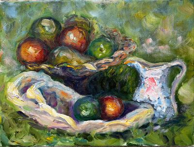 Виктория Корзун. Яблоки и фарфоровый кувшин с молоком. Холст, масло. 40 х 30см. 2005 г. 