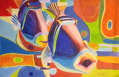 Наталья Михеева. Любопытные рыбы Пикассо. Холст, акрил, 65 х 100, 2024 г. 
Художник Наталья 