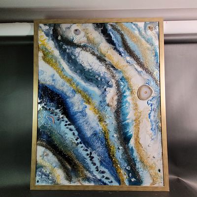 Татьяна Нагирная Лазурный берег. Эпоксидная смола, акрил, колеры. Цитрин, срезы Агата, пирит 