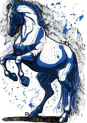 Михеева Полина - Force of horse Диптих (синие лошади). Акриловые маркеры, линеры, бумага 220 гр/м&sup2; 