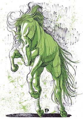 Михеева Полина - Force of horse Диптих (зеленые лошади). Акриловые маркеры, линеры, бумага 220 