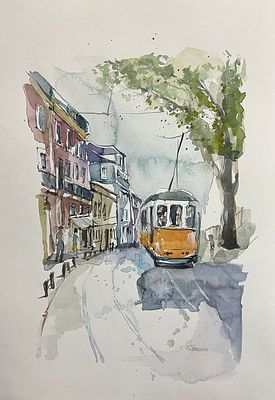 Сафонова Елена - Трамвай. Бумага, акварель, тушь. 2021г. Размер: 42х30Подпись справа внизу.Художник 